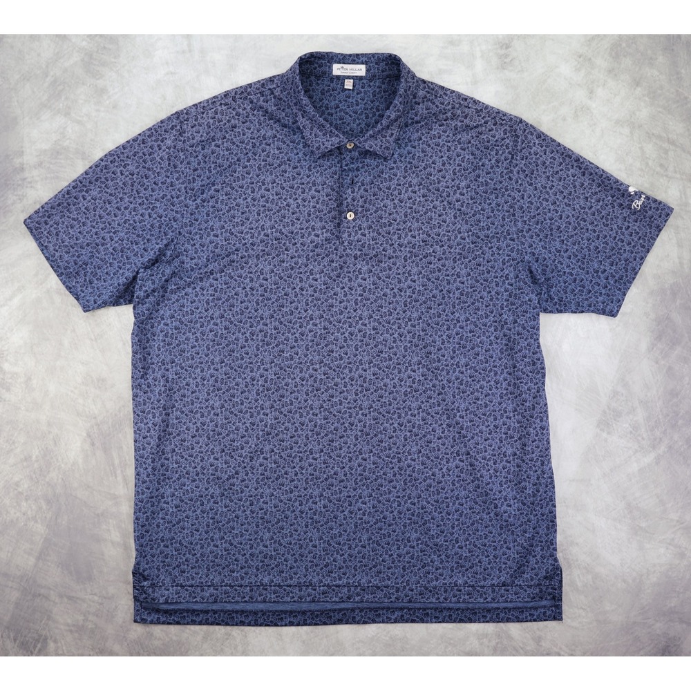 Peter Millar Polo Shirt Mens XXL Navy Blue AOP Summer Comfort Bear Dance GC